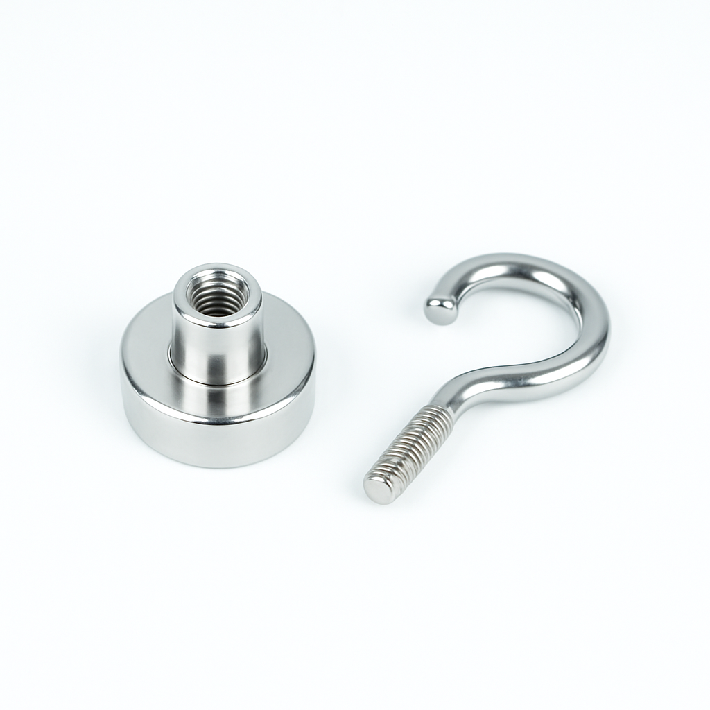 Neodymium Shallow Pot Magnets With Hook , 10mm Magnet , Eclipse Magnetics Ltd