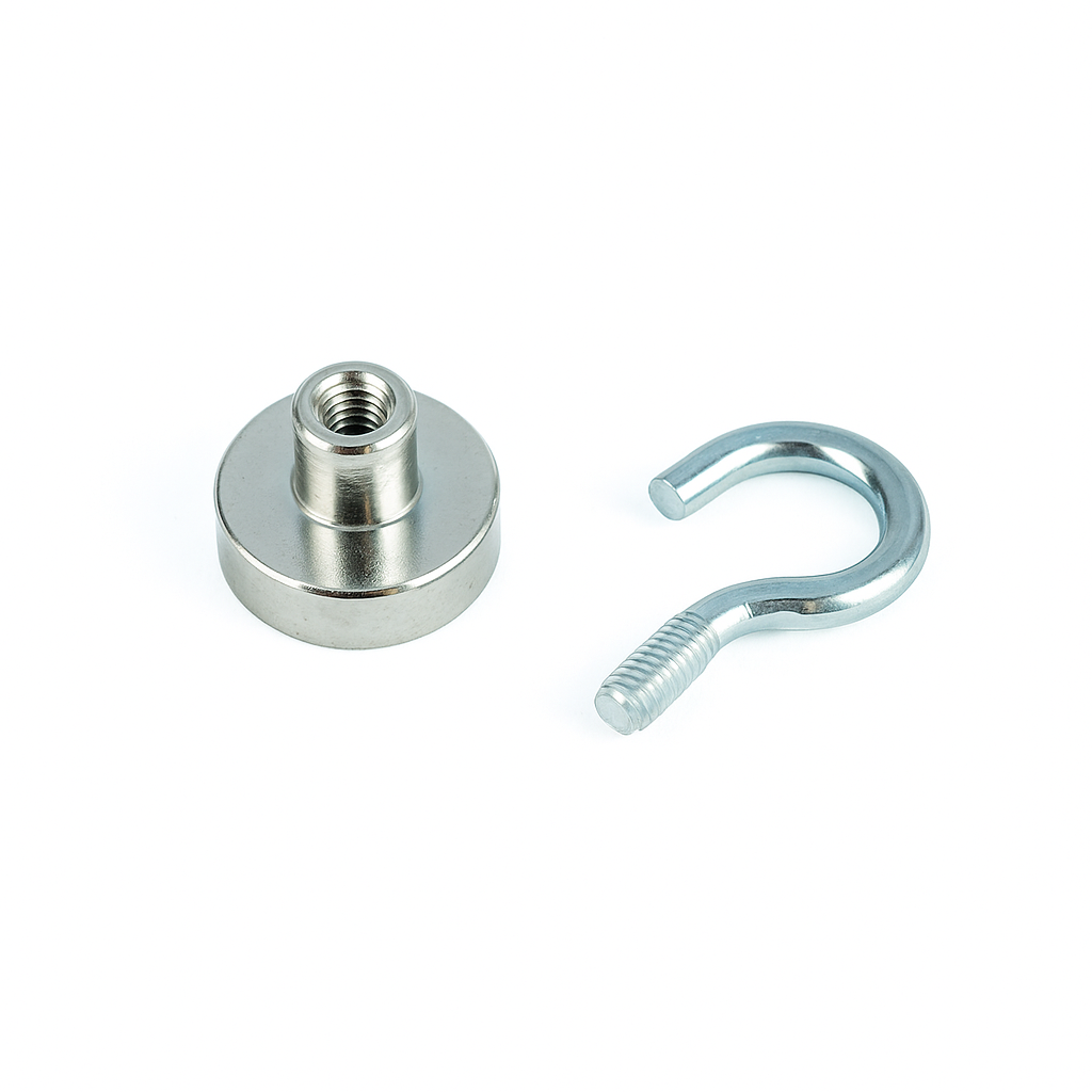 Neodymium Shallow Pot Magnets With Hook , 20mm Magnet , Eclipse Magnetics Ltd