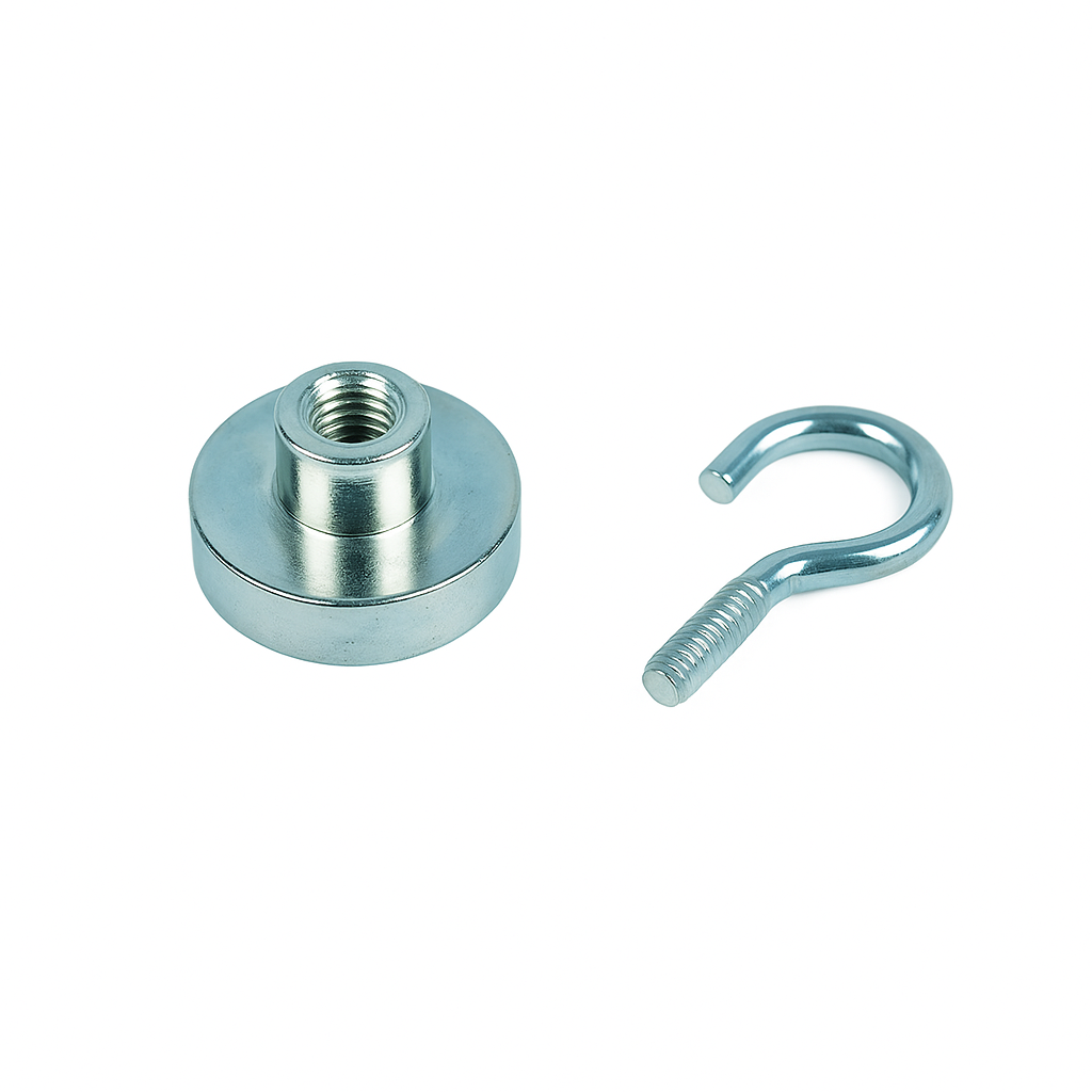 Neodymium Shallow Pot Magnets With Hook , 32mm Magnet , Eclipse Magnetics Ltd