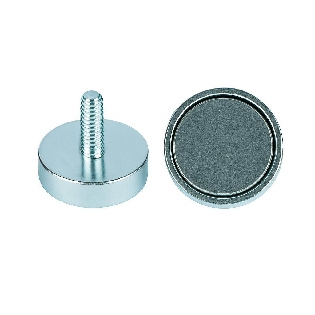 Neodymium Shallow Pot Magnets with External Thread , 32mm Magnet , Eclipse Magnetics Ltd