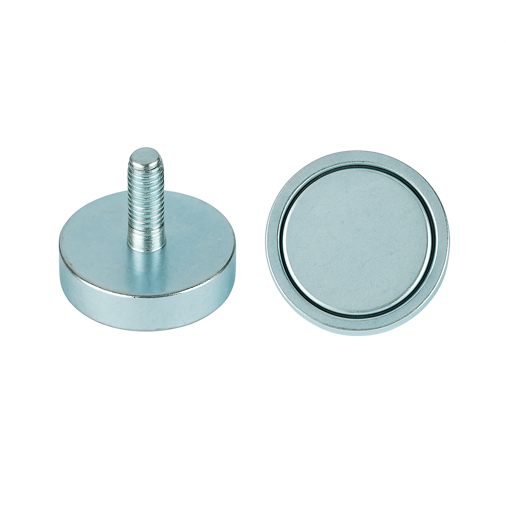 Neodymium Shallow Pot Magnets with External Thread , 40mm Magnet , Eclipse Magnetics Ltd