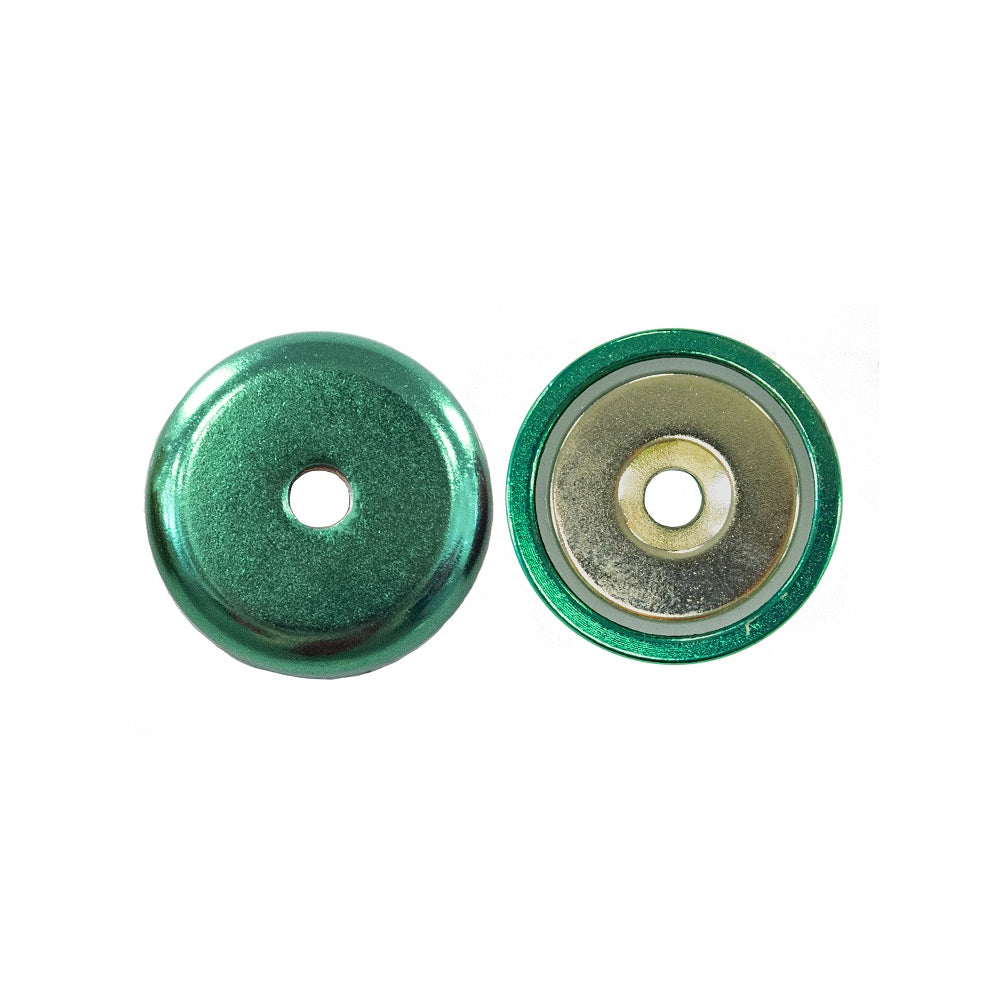 Neodymium Countersunk Pot Magnet – NdFeB Shallow Mount for Screw Fixing, Available in Various Colours and Sizes , Green Neodymium Pot , Eclipse Magnetics Ltd