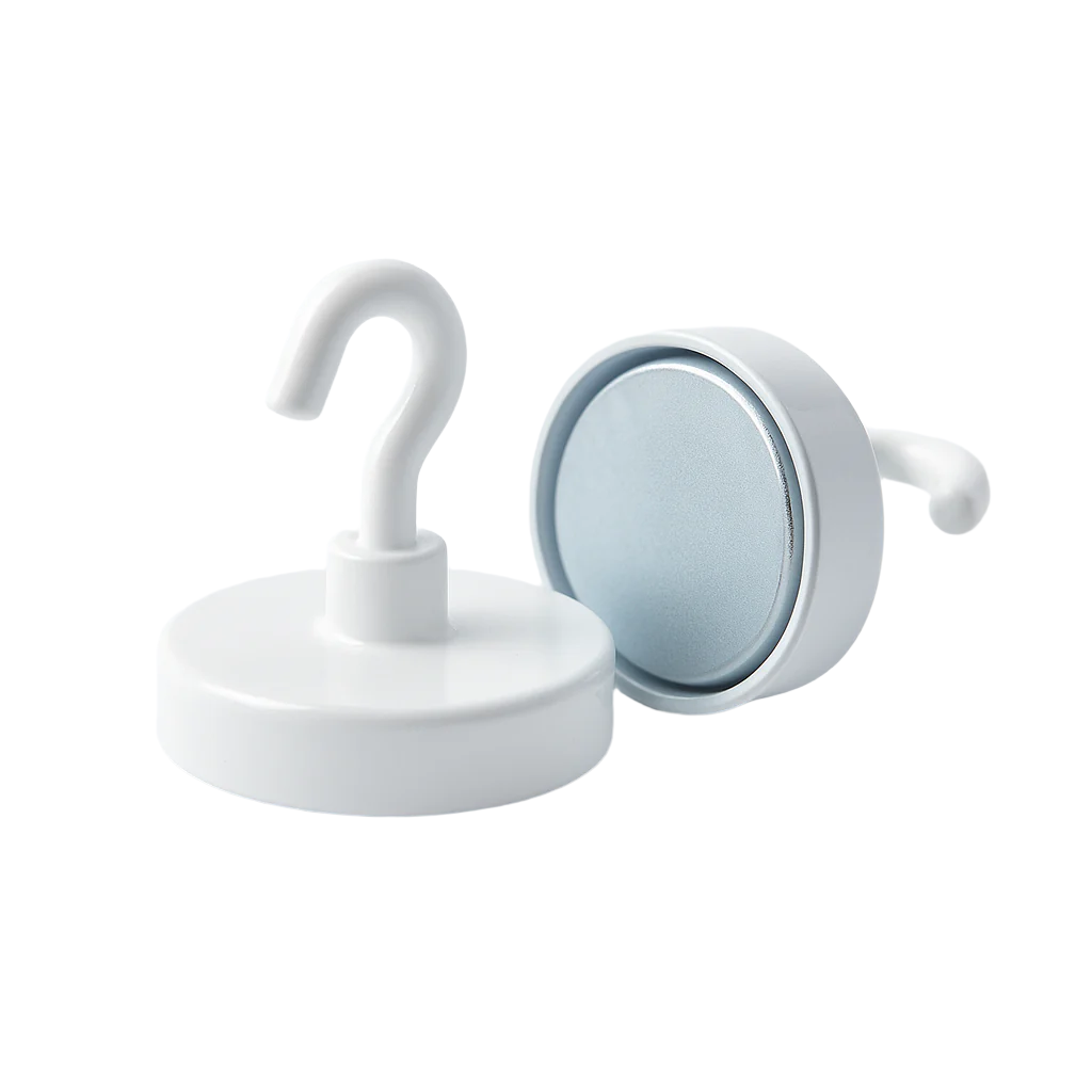 Neodymium Shallow Pot Magnets With Hook , 32 mm (White) Magnet , Eclipse Magnetics Ltd