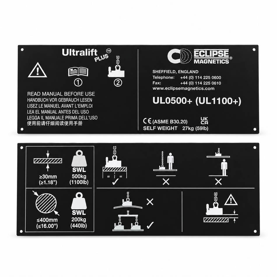 Replacement Name Plate for UL0500+ Magnetic Lifters | UL0500+/NP , , Eclipse Magnetics Ltd