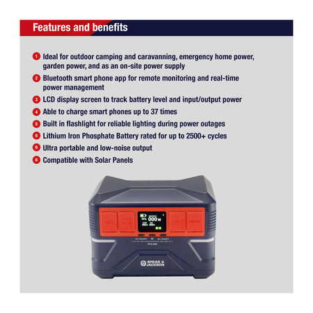 Spear & Jackson 600W Portable Power Station | 576Wh LiFePO4 | SJPPS600 , , Spear & Jackson