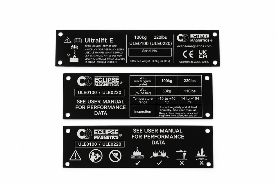 Replacement Name Plate for ULE0100 Magnetic Lifters | ULE0100/NP , , Eclipse Magnetics Ltd